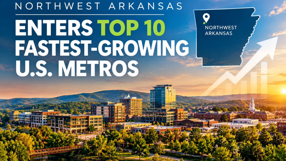 Illustration marking Northwest Arkansas entering the top 10 fastest-growing U.S. metros