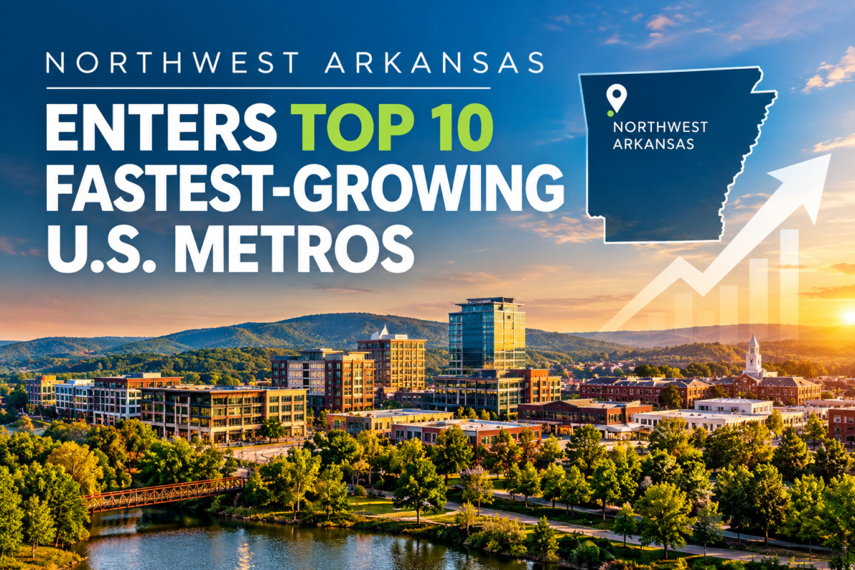 Illustration marking Northwest Arkansas entering the top 10 fastest-growing U.S. metros